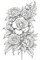A vertical spine tattoo with carnation flower, rose flower, larkspur flower, chrysanthemum flower, a hawthorn flower tattoo design idea