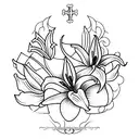 A minimalist tattoo of a cathedral stained glass window with a royal lily incorporated tattoo design idea