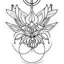 A minimalist tattoo of a cathedral stained glass window with a royal lily incorporated tattoo design idea