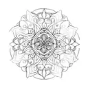 A minimalist tattoo of a cathedral stained glass window with a royal lily incorporated tattoo design idea