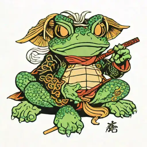 samurai frog smoking weed sitting on a bettle tattoo design idea