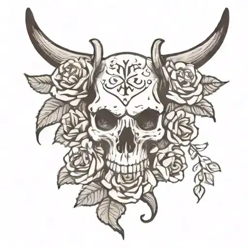 long horn skull with roses background tattoo design idea