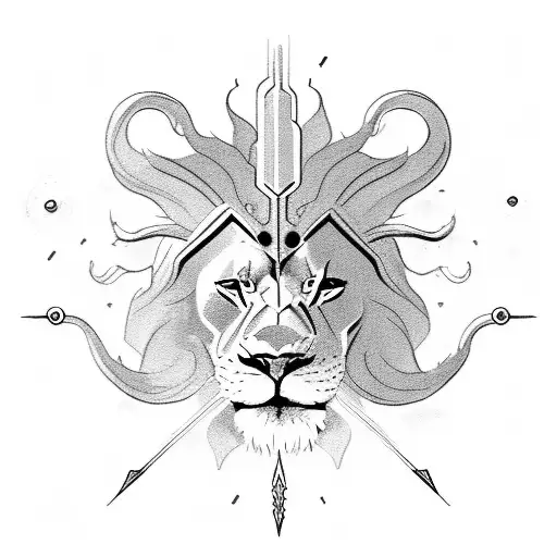 Lion face, with a phoniex in the background with it's tail on fire, lightening bolts in the sky being cast by Zeus  tattoo design idea