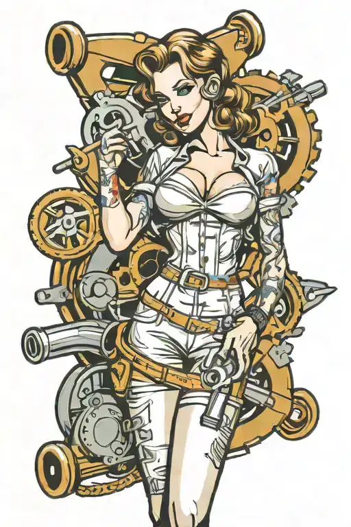A tattoo of a sexy pin-up girl holding a wrench and surrounded by tools, representing your passion for mechanics and beautiful women tattoo design idea