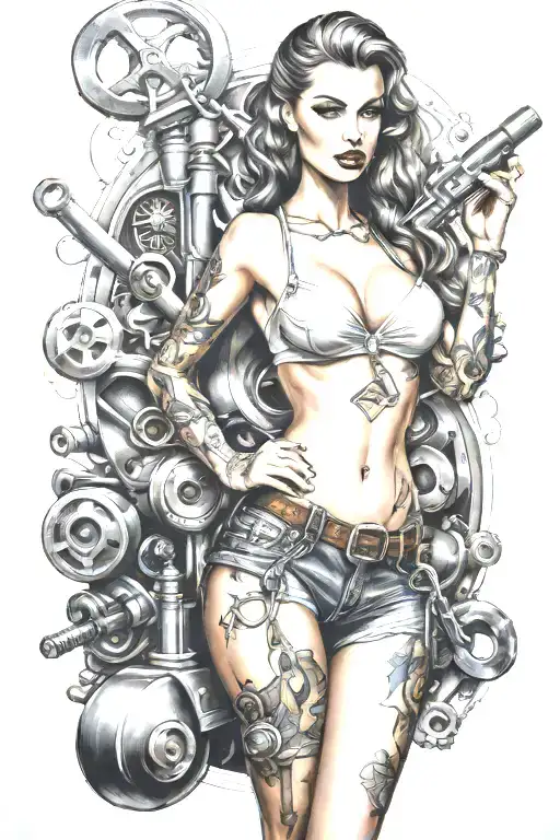 A tattoo of a sexy pin-up girl holding a wrench and surrounded by tools, representing your passion for mechanics and beautiful women tattoo design idea