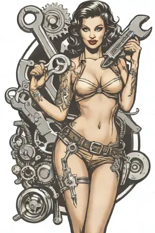 A tattoo of a sexy pin-up girl holding a wrench and surrounded by tools, representing your passion for mechanics and beautiful women tattoo design idea