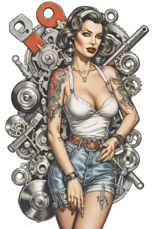 A tattoo of a sexy pin-up girl holding a wrench and surrounded by tools, representing your passion for mechanics and beautiful women tattoo design idea