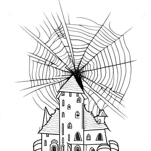 A spooky haunted house with a camera flash illuminating it tattoo design idea