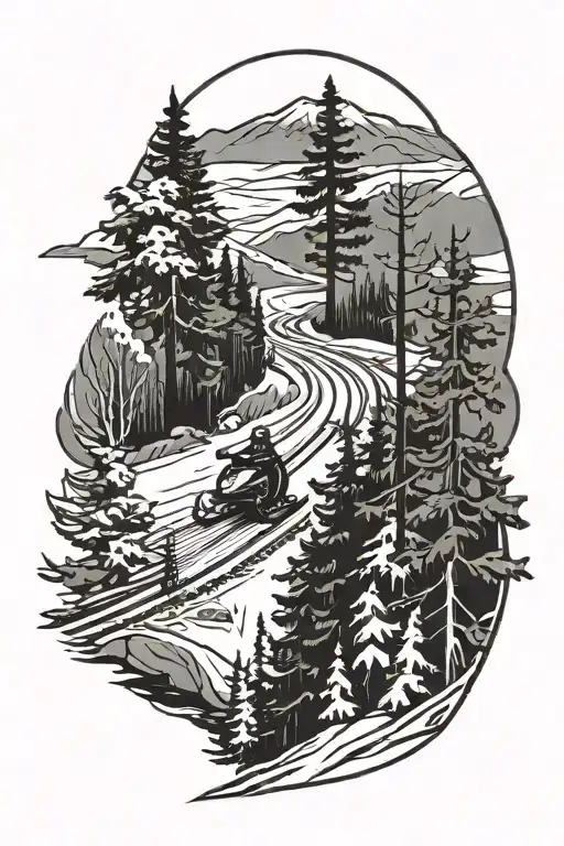 snowmobile trail straight line with trees tattoo design idea