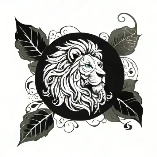 A majestic lion (aslan) with intricate cloud (bulut) patterns in the background, surrounded by olive branch (zeytin dalı yaprak) leaves tattoo design idea