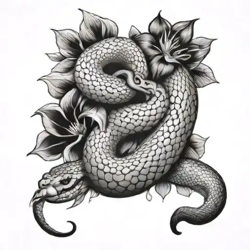 A snake shedding its skin, revealing a vibrant flower pattern underneath tattoo design idea