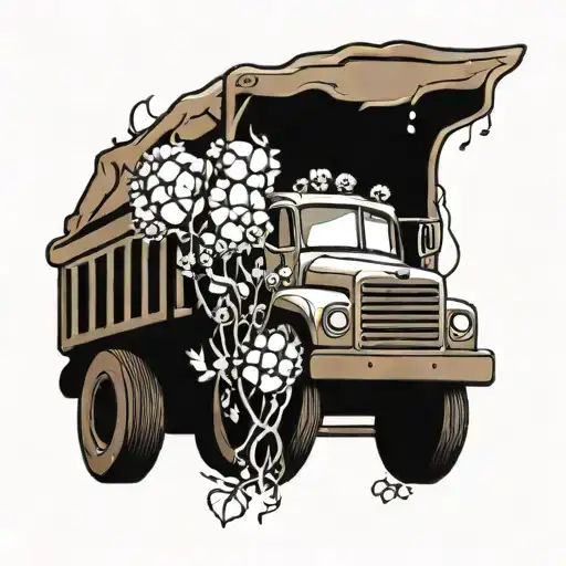 old dump truck with cotton flowers around it luminous points tattoo design idea