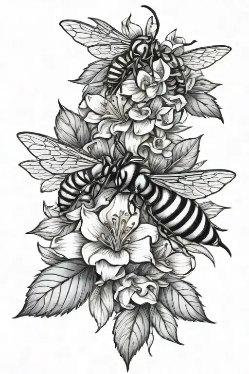 hornet and climbing flowers  tattoo design idea