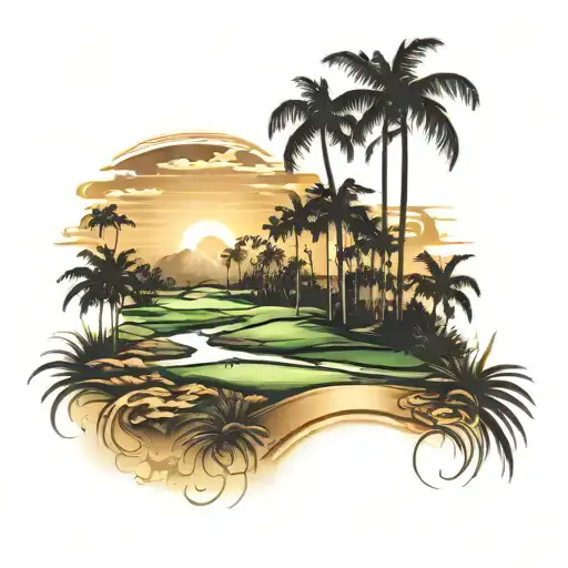 A sunset over a golf course with palm trees made of gold tattoo design idea