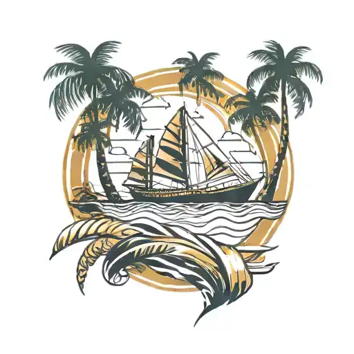 A geometric pattern of gold bars forming the shape of a boat on a background of palm trees tattoo design idea