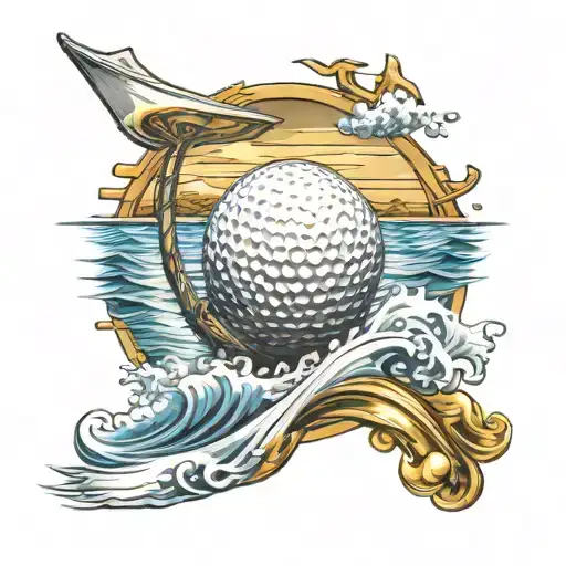 A golf ball morphing into a boat sailing on a sea of gold bars tattoo design idea