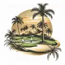 A sunset over a golf course with palm trees made of gold tattoo design idea
