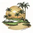 A sunset over a golf course with palm trees made of gold tattoo design idea