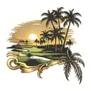 A sunset over a golf course with palm trees made of gold tattoo design idea