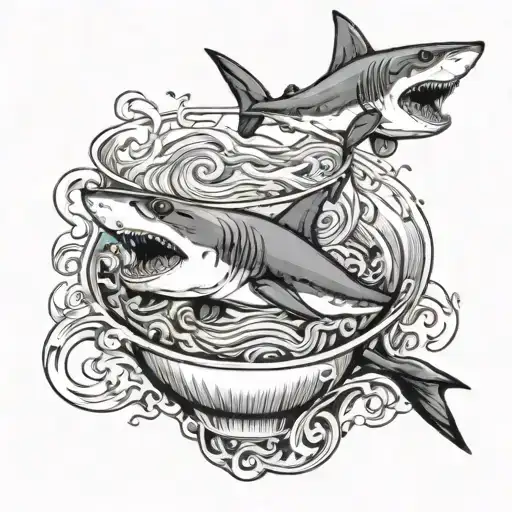 two sharks swimming in a circle in an espresso cup  tattoo design idea