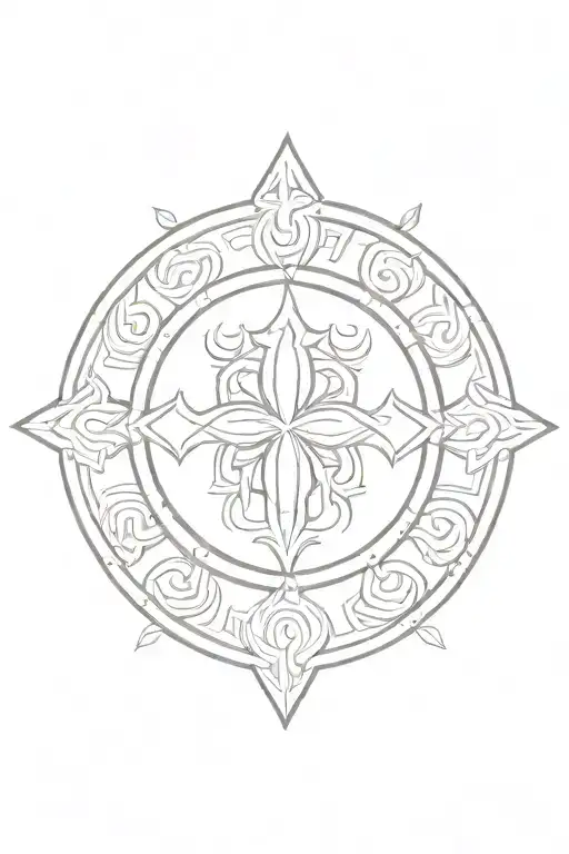 circle piercing cross with khmer symbols tattoo design idea