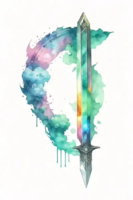 the buster sword from cloud sorrounded by green, blue, pink and yellow materia from final fantasy  tattoo design idea