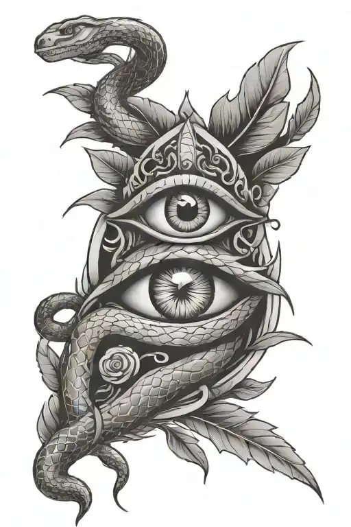 eye with laurel wreath, snake with sword & lightning tattoo design idea