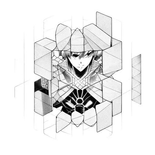 A futuristic anime character solving a Rubik's cube with artificial intelligence tattoo design idea