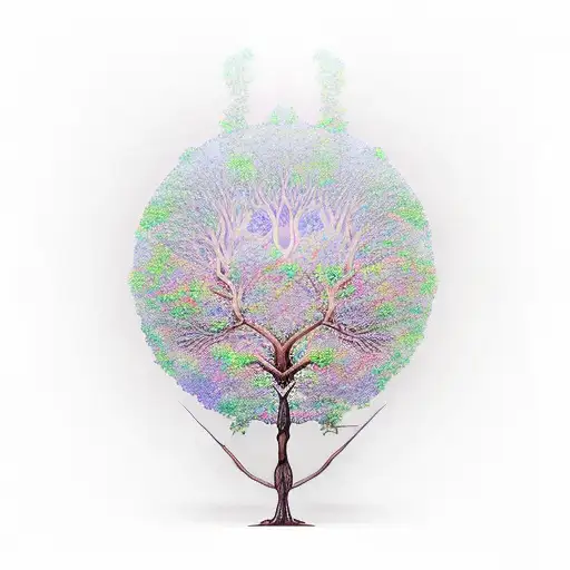 the world tree yggdrasil and a branch for, hephaestus, persephone, hypnos, thanatos, gaia, hermes, apollo, and chaos. tattoo design idea