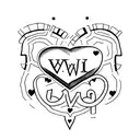 image of a line with the letters M, V and W with a heart tattoo design idea