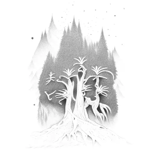 redwood tree and upside-down palm tree sharing roots tattoo design idea
