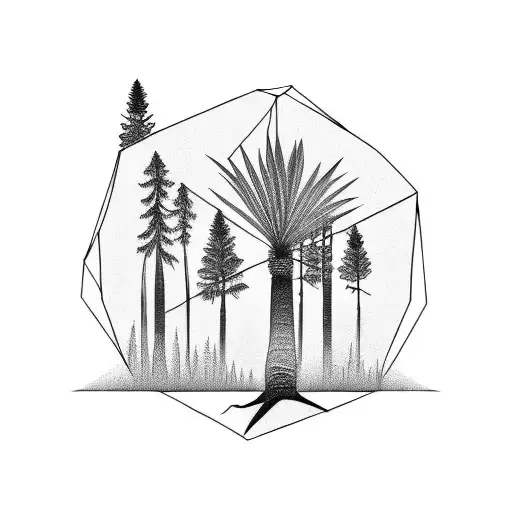 redwood tree and upside-down palm tree sharing roots tattoo design idea