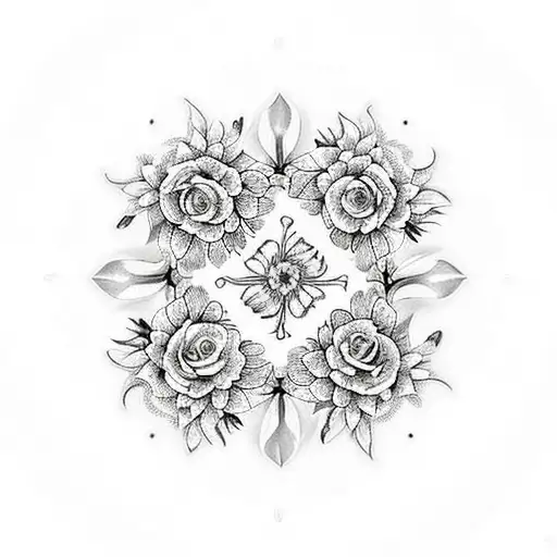 A beautiful bouquet of roses, orchids, daffodils, sunflowers, and butterflies arranged in a circular pattern tattoo design idea