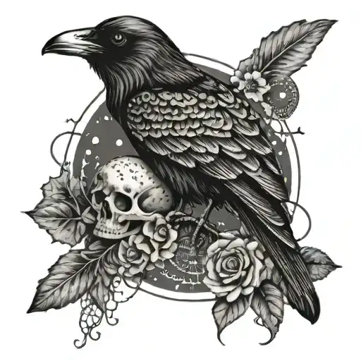 raven, skull, moth, moon phase, mandela style mixed tattoo design idea