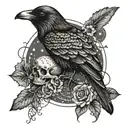 raven, skull, moth, moon phase, mandela style mixed tattoo design idea