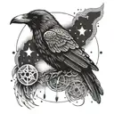 raven, skull, moth, moon phase, mandela style mixed tattoo design idea