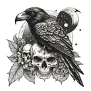raven, skull, moth, moon phase, mandela style mixed tattoo design idea