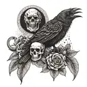 raven, skull, moth, moon phase, mandela style mixed tattoo design idea