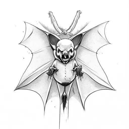 vampire bat with wings spread open holing a skull tattoo design idea