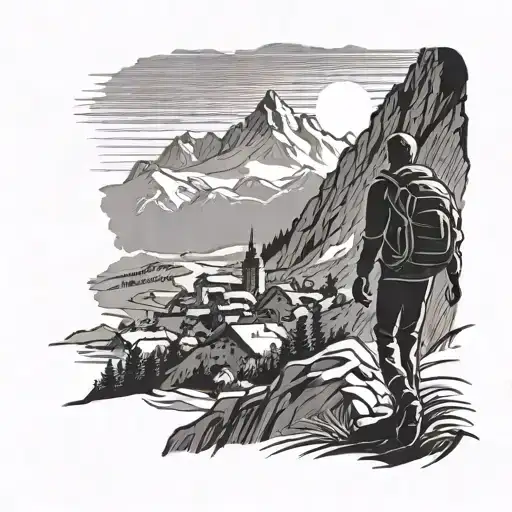 A silhouette of a person hiking up a mountain with a skyline of Switzerland in the background, representing the client's passion for hiking and Switzerland tattoo design idea