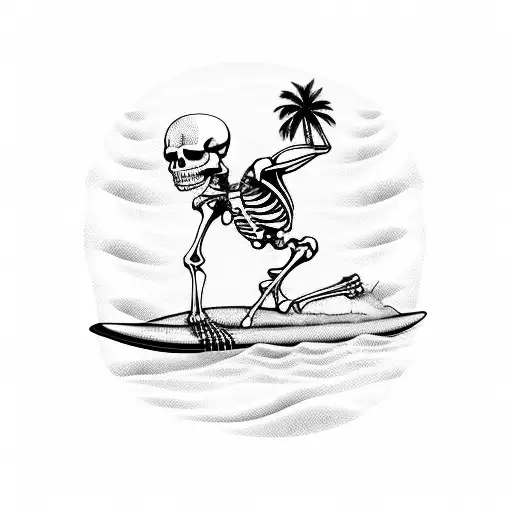 skeleton surfing with a palm tree in background  tattoo design idea