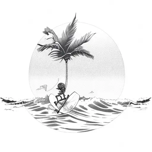 skeleton surfing with a palm tree in background  tattoo design idea