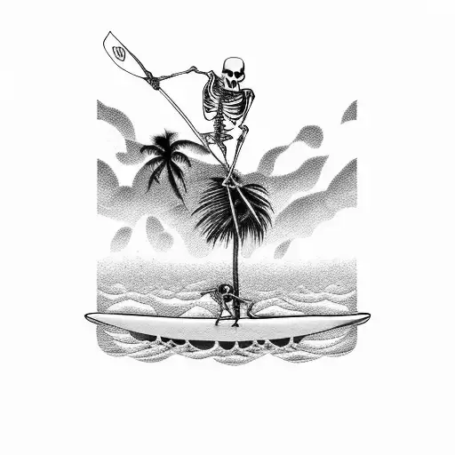 skeleton surfing with a palm tree in background  tattoo design idea