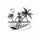 skeleton surfing with a palm tree in background  tattoo design idea