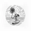 skeleton surfing with a palm tree in background  tattoo design idea