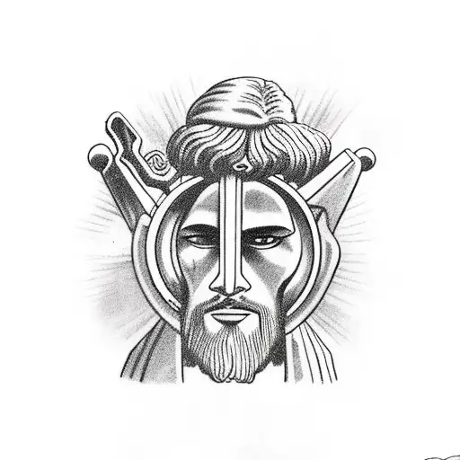 jesus and a cyclops in a dodge swinger spaceship tattoo design idea