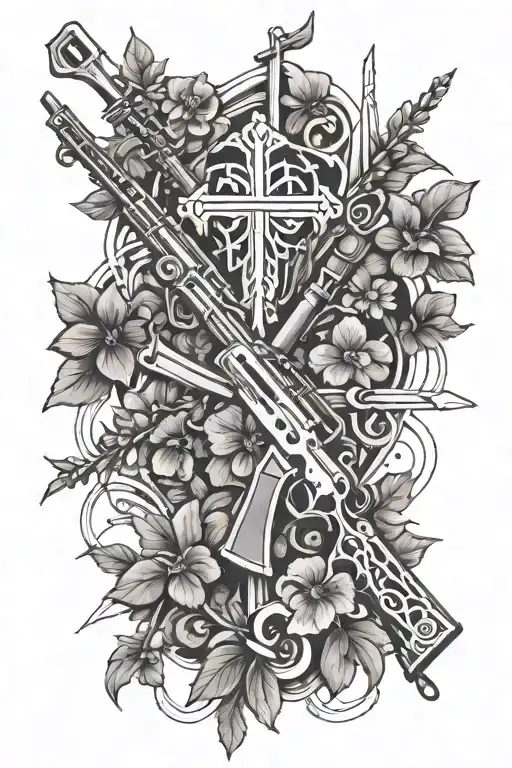 Criss-cross rifles looking up and violets twining around them tattoo design idea