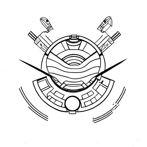 A minimalist tattoo of a coffee cup with a Star Wars spaceship floating above it. tattoo design idea