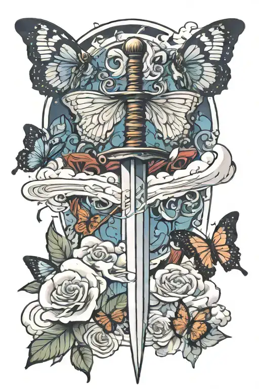 sword going through a cloud of butterfly's  tattoo design idea