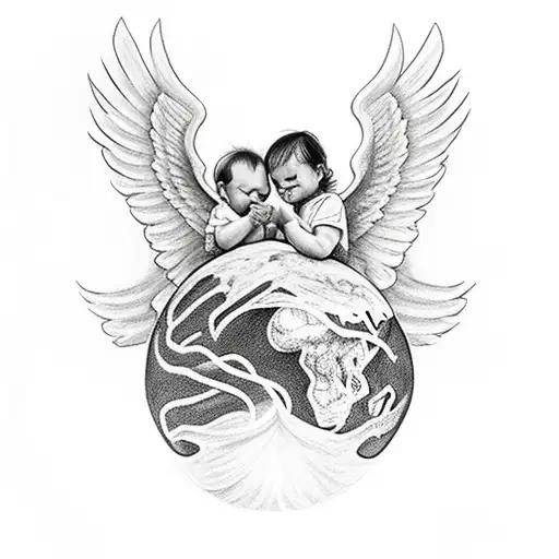 baby brother and sister angels holding earth together tattoo design idea